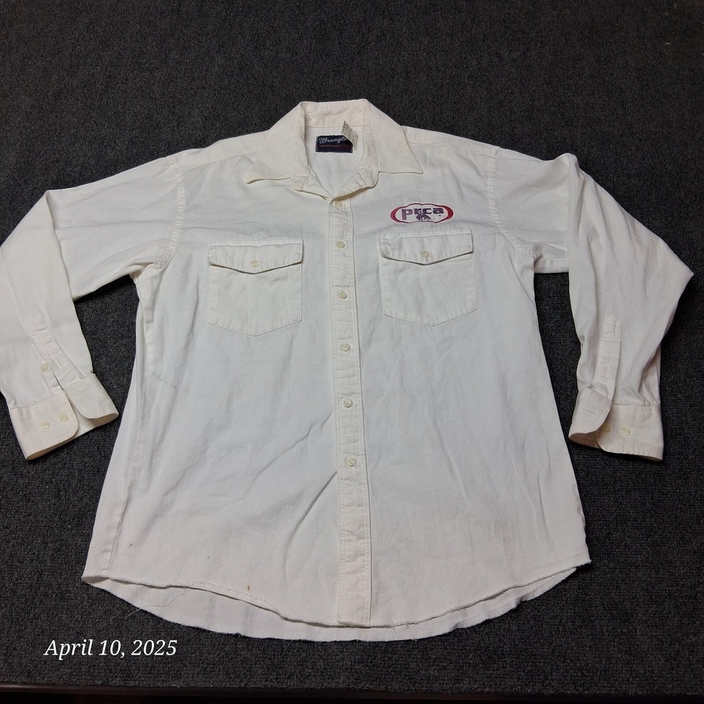 VTG Wrangler PRCA Pro Rodeo Cowboy Button UP Denim Shirt White Size‎ 16 1/2 x 35